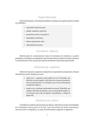 Superdotação
      Notável desempenho e elevada potencialidade em qualquer dos seguintes aspectos isolados
ou combinados:

             • capacidade intelectual geral;

             • aptidão acadêmica específica;

             • pensamento criativo ou produtivo;

             • capacidade de liderança;

             • talento especial para artes;

             • capacidade psicomotora.


                               Condutas típicas
       Manifestações de comportamento típicas de portadores de síndromes e quadros
psicológicos, neurológicos ou psiquiátricos que ocasionam atrasos no desenvolvimento e prejuízos
no relacionamento social, em grau que requeira atendimento educacional especializado.



                            Deficiência auditiva
      Perda total ou parcial, congênita ou adquirida, da capacidade de compreender a fala por
intermédio do ouvido. Manifesta-se como:

             • surdez leve / moderada: perda auditiva de até 70 decibéis, que
               dificulta, mas não impede o indivíduo de se expressar oralmente,
               bem como de perceber a voz humana, com ou sem a utilização de
               um aparelho auditivo;

             • surdez severa / profunda: perda auditiva acima de 70 decibéis, que
               impede o indivíduo de entender, com ou sem aparelho auditivo, a
               voz humana, bem como de adquirir, naturalmente, o código da
               língua oral.


                               Deficiência física
     Variedade de condições não sensoriais que afetam o indivíduo em termos de mobilidade,
de coordenação motora geral ou da fala, como decorrência de lesões neurológicas,
neuromusculares e ortopédicas, ou, ainda, de malformações congênitas ou adquiridas.


                                               25
 
