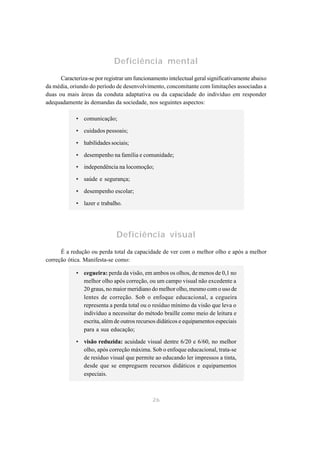 Deficiência mental
      Caracteriza-se por registrar um funcionamento intelectual geral significativamente abaixo
da média, oriundo do período de desenvolvimento, concomitante com limitações associadas a
duas ou mais áreas da conduta adaptativa ou da capacidade do indivíduo em responder
adequadamente às demandas da sociedade, nos seguintes aspectos:

             • comunicação;

             • cuidados pessoais;

             • habilidades sociais;

             • desempenho na família e comunidade;

             • independência na locomoção;

             • saúde e segurança;

             • desempenho escolar;

             • lazer e trabalho.




                              Deficiência visual
      É a redução ou perda total da capacidade de ver com o melhor olho e após a melhor
correção ótica. Manifesta-se como:

             • cegueira: perda da visão, em ambos os olhos, de menos de 0,1 no
               melhor olho após correção, ou um campo visual não excedente a
               20 graus, no maior meridiano do melhor olho, mesmo com o uso de
               lentes de correção. Sob o enfoque educacional, a cegueira
               representa a perda total ou o resíduo mínimo da visão que leva o
               indivíduo a necessitar do método braille como meio de leitura e
               escrita, além de outros recursos didáticos e equipamentos especiais
               para a sua educação;

             • visão reduzida: acuidade visual dentre 6/20 e 6/60, no melhor
               olho, após correção máxima. Sob o enfoque educacional, trata-se
               de resíduo visual que permite ao educando ler impressos a tinta,
               desde que se empreguem recursos didáticos e equipamentos
               especiais.



                                             26
 