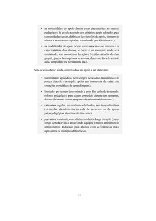 • as modalidades de apoio devem estar circunscritas ao projeto
        pedagógico da escola (atender aos critérios gerais adotados pela
        comunidade escolar, definição das funções do apoio, número de
        alunos a serem contemplados, tomadas de providências etc.);

      • as modalidades de apoio devem estar associadas ao número e às
        características dos alunos, ao local e ao momento onde será
        ministrado, bem como à sua duração e freqüência (individual ou
        grupal, grupos homogêneos ou mistos, dentro ou fora da sala de
        aula, temporário ou permanente etc.).

Pode-se considerar, ainda, a intensidade do apoio a ser oferecido:

      • intermitente: episódico, nem sempre necessário, transitório e de
        pouca duração (exemplo: apoio em momentos de crise, em
        situações específicas de aprendizagem);
      • limitado: por tempo determinado e com fim definido (exemplo:
        reforço pedagógico para algum conteúdo durante um semestre,
        desenvolvimento de um programa de psicomotricidade etc.);

      • extensivo: regular, em ambientes definidos, sem tempo limitado
        (exemplo: atendimento na sala de recursos ou de apoio
        psicopedagógico, atendimento itinerante);

      • pervasivo: constante, com alta intensidade e longa duração (ou ao
        longo de toda a vida), envolvendo equipes e muitos ambientes de
        atendimento. Indicado para alunos com deficiências mais
        agravantes ou múltiplas deficiências.




                                       55
 