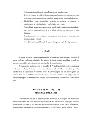    Autonomia na manifestação pessoal para fazer e apreciar a arte.
               Desenvolvimento de critérios de gosto pessoal, baseados em informações, para
                selecionar produções artísticas e questionar a estereotipia massificada do gosto.
               Flexibilidade   para   compartilhar     experiências   artísticas   e   estéticas   e
                manifestação de opiniões, idéias e preferências sobre a arte.
               Sensibilidade para reconhecer e criticar manifestações artísticas manipuladoras,
                que ferem o reconhecimento da diversidade cultural e a autonomia e ética
                humanas.
               Reconhecimento dos obstáculos e desacertos como aspectos integrantes do
                processo criador pessoal.
               Atenção ao direito de liberdade de expressão e preservação da própria cultura.




                                            Avaliação


        Avaliar é uma ação pedagógica guiada pela atribuição de valor apurada e responsável
que o professor realiza das atividades dos alunos. Avaliar é também considerar o modo de
ensinar os conteúdos que estão em jogo nas situações de aprendizagem.
        Avaliar implica conhecer como os conteúdos de Arte são assimilados pelos estudantes a
cada momento da escolaridade e reconhecer os limites e a flexibilidade necessários para dar
oportunidade à coexistência de distintos níveis de aprendizagem em um mesmo grupo de
alunos. Para isso, o professor deve saber o que é adequado dentro de um campo largo de
aprendizagem para cada nível escolar, ou seja, o que é relevante o aluno praticar e saber nessa
área.




                           CRITÉRIOS DE AVALIAÇÃO DE
                                APRENDIZAGEM EM ARTE


        Da mesma maneira que na apresentação dos conteúdos, as indicações para a avaliação
não estão divididas por ciclos, em face da possibilidade das indicações das linguagens artísticas
a critério das escolas e da sua seqüência no andamento curricular. Assim, estão mencionadas,
separadamente, ao término de cada linguagem artística (Artes Visuais, Dança, Música, Teatro).
 
