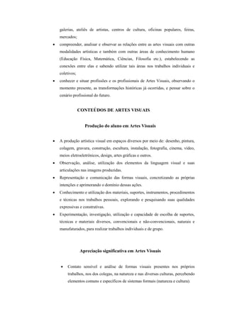 galerias, ateliês de artistas, centros de cultura, oficinas populares, feiras,
    mercados;
   compreender, analisar e observar as relações entre as artes visuais com outras
    modalidades artísticas e também com outras áreas de conhecimento humano
    (Educação Física, Matemática, Ciências, Filosofia etc.), estabelecendo as
    conexões entre elas e sabendo utilizar tais áreas nos trabalhos individuais e
    coletivos;
   conhecer e situar profissões e os profissionais de Artes Visuais, observando o
    momento presente, as transformações históricas já ocorridas, e pensar sobre o
    cenário profissional do futuro.


                 CONTEÚDOS DE ARTES VISUAIS


                   Produção do aluno em Artes Visuais


   A produção artística visual em espaços diversos por meio de: desenho, pintura,
    colagem, gravura, construção, escultura, instalação, fotografia, cinema, vídeo,
    meios eletroeletrônicos, design, artes gráficas e outros.
   Observação, análise, utilização dos elementos da linguagem visual e suas
    articulações nas imagens produzidas.
   Representação e comunicação das formas visuais, concretizando as próprias
    intenções e aprimorando o domínio dessas ações.
   Conhecimento e utilização dos materiais, suportes, instrumentos, procedimentos
    e técnicas nos trabalhos pessoais, explorando e pesquisando suas qualidades
    expressivas e construtivas.
   Experimentação, investigação, utilização e capacidade de escolha de suportes,
    técnicas e materiais diversos, convencionais e não-convencionais, naturais e
    manufaturados, para realizar trabalhos individuais e de grupo.




                 Apreciação significativa em Artes Visuais


        Contato sensível e análise de formas visuais presentes nos próprios
         trabalhos, nos dos colegas, na natureza e nas diversas culturas, percebendo
         elementos comuns e específicos de sistemas formais (natureza e cultura).
 