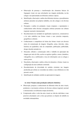    Observação da presença e transformação dos elementos básicos da
    linguagem visual, em suas articulações nas imagens produzidas, na dos
    colegas e nas apresentadas em diferentes culturas e épocas.
   Identificação, observação e análise das diferentes técnicas e procedimentos
    artísticos presentes nos próprios trabalhos, nos dos colegas e em diversas
    culturas.
   Percepção e análise de produções visuais (originais e reproduções) e
    conhecimento sobre diversas concepções estéticas presentes nas culturas
    (regional, nacional e internacional).
   Reconhecimento da variedade de significados expressivos, comunicativos
    e de valor simbólico nas formas visuais e suas conexões temporais,
    geográficas e culturais.
   Conhecimento e competência de leitura das formas visuais em diversos
    meios de comunicação da imagem: fotografia, cartaz, televisão, vídeo,
    histórias em quadrinhos, telas de computador, publicações, publicidade,
    design, desenho animado etc.
   Discussão, reflexão e comunicação sobre o trabalho de apreciação das
    imagens por meio de fala, escrita ou registros (gráfico, sonoro, dramático,
    videográfico etc.), mobilizando a troca de informações com os colegas e
    outros jovens.
   Descoberta, observação e análise crítica de elementos e formas visuais na
    configuração do meio ambiente construído.
   Reconhecimento da diversidade de sentidos existentes nas imagens
    produzidas por artistas ou veiculadas nas mídias e suas influências na vida
    pessoal e social.
   Identificação de múltiplos sentidos na apreciação de imagens.




     As Artes Visuais como produção cultural e histórica
   Observação, pesquisa e conhecimento de diferentes obras de artes visuais,
    produtores e movimentos artísticos de diversas culturas (regional, nacional
    e internacional) e em diferentes tempos da história.
   Compreensão sobre o valor das artes visuais na vida dos indivíduos e suas
    possíveis articulações com a ética que permeia as relações de trabalho na
    sociedade contemporânea.
 