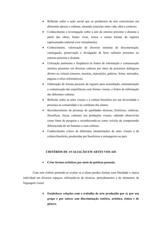     Reflexão sobre a ação social que os produtores de arte concretizam em
                    diferentes épocas e culturas, situando conexões entre vida, obra e contexto.
                   Conhecimento e investigação sobre a arte do entorno próximo e distante a
                    partir das obras, fontes vivas, textos e outras formas de registro
                    (apresentadas material e/ou virtualmente).
                   Conhecimento, valorização de diversos sistemas de documentação,
                    catalogação, preservação e divulgação de bens culturais presentes no
                    entorno próximo e distante.
                   Utilização autônoma e freqüência às fontes de informação e comunicação
                    artística presentes em diversas culturas por meio de processos dialógicos
                    diretos ou virtuais (museus, mostras, exposições, galerias, feiras, mercados,
                    páginas e sítios informáticos).
                   Elaboração de formas pessoais de registro para assimilação, sistematização
                    e comunicação das experiências com formas visuais, e fontes de informação
                    das diferentes culturas.
                   Reflexão sobre as artes visuais e a cultura brasileira em sua diversidade e
                    presença na comunidade e no cotidiano dos alunos.
                   Reconhecimento da presença de qualidades técnicas, históricas, estéticas,
                    filosóficas, éticas, culturais nas produções visuais, sabendo observá-las
                    como fonte de pesquisa e reconhecendo-as como veículo de compreensão
                    diferenciada do ser humano e suas culturas.
                   Conhecimento crítico de diferentes interpretações de artes visuais e da
                    cultura brasileira, produzidas por brasileiros e estrangeiros no país.




                    CRITÉRIOS DE AVALIAÇÃO EM ARTES VISUAIS


                   Criar formas artísticas por meio de poéticas pessoais.


       Com este critério pretende-se avaliar se o aluno produz formas com liberdade e marca
individual em diversos espaços, utilizando-se de técnicas, procedimentos e de elementos da
linguagem visual.


                   Estabelecer relações com o trabalho de arte produzido por si, por seu
                    grupo e por outros sem discriminação estética, artística, étnica e de
                    gênero.
 