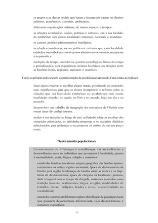 • os grupos e as classes sociais que lutam e lutaram por causas ou direitos
políticos, econômicos, culturais, ambientais;
• diferentes organizações urbanas, de outros espaços e tempos;
• as relações econômicas, sociais, políticas e culturais que a sua localidade estabelece com outras localidades regionais, nacionais e mundiais;
• os centros político-administrativos brasileiros;
• as relações econômicas, sociais, políticas e culturais que a sua localidade
estabelece ou estabeleceu com os centros administrativos nacionais, no presente
e no passado; e
• medições de tempo, calendários, quadros cronológicos, linhas de tempo
e periodizações, para organizarem sínteses históricas das relações entre
as histórias locais, regionais, nacionais e mundiais.
Como no primeiro ciclo, seguem sugestões amplas de possibilidades de estudo. Cabe, então, ao professor:
• fazer alguns recortes e escolher alguns temas, priorizando os conteúdos
mais significativos para que os alunos interpretem e reflitam sobre as
relações que sua localidade estabelece ou estabeleceu com outras
localidades situadas na região, no País e no mundo, hoje em dia e no
passado;
• desenvolver um trabalho de integração dos conteúdos de História com
outras áreas de conhecimento;
• avaliar o seu trabalho ao longo do ano, refletindo sobre as escolhas dos
conteúdos priorizados, as atividades propostas e os materiais didáticos
selecionados, para replanejar a sua proposta de ensino de um ano para o
outro.

Deslocamentos populacionais
• Levantamento de diferenças e semelhanças das ascendências e
descendências entre os indivíduos que pertencem à localidade, quanto
à nacionalidade, etnia, língua, religião e costumes:
• estudo das famílias dos alunos: origem geográfica das famílias (países,
continentes ou outras regiões nacionais), época de deslocamento da
família para região, lembranças da família sobre as razões e as trajetórias de deslocamentos, época de chegada na localidade, proximidade temporal com o tempo da chegada, costumes mantidos como
tradição (comida, vestimentas, língua, religião, modalidades de
trabalho, festas, tradições, lendas e mitos, especificidades no
vocabulário);
• estudo dos costumes de diferentes regiões: identificação de populações locais
que possuem descendência diferenciada, suas descendências e
costumes específicos.
48

 