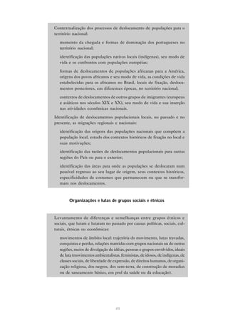 • Contextualização dos processos de deslocamento de populações para o
território nacional:
• momento da chegada e formas de dominação dos portugueses no
território nacional;
• identificação das populações nativas locais (indígenas), seu modo de
vida e os confrontos com populações européias;
• formas de deslocamentos de populações africanas para a América,
origens dos povos africanos e seu modo de vida, as condições de vida
estabelecidas para os africanos no Brasil, locais de fixação, deslocamentos posteriores, em diferentes épocas, no território nacional;
• contextos de deslocamentos de outros grupos de imigrantes (europeus
e asiáticos nos séculos XIX e XX), seu modo de vida e sua inserção
nas atividades econômicas nacionais.
• Identificação de deslocamentos populacionais locais, no passado e no
presente, as migrações regionais e nacionais:
• identificação das origens das populações nacionais que compõem a
população local, estudo dos contextos históricos de fixação no local e
suas motivações;
• identificação das razões de deslocamentos populacionais para outras
regiões do País ou para o exterior;
• identificação das áreas para onde as populações se deslocaram num
possível regresso ao seu lugar de origem, seus contextos históricos,
especificidades de costumes que permanecem ou que se transformam nos deslocamentos.

Organizações e lutas de grupos sociais e étnicos

• Levantamento de diferenças e semelhanças entre grupos étnicos e
sociais, que lutam e lutaram no passado por causas políticas, sociais, culturais, étnicas ou econômicas:
• movimentos de âmbito local: trajetória do movimento, lutas travadas,
conquistas e perdas, relações mantidas com grupos nacionais ou de outras
regiões, meios de divulgação de idéias, pessoas e grupos envolvidos, ideais
de luta (movimentos ambientalistas, feministas, de idosos, de indígenas, de
classes sociais, de liberdade de expressão, de direitos humanos, de organização religiosa, dos negros, dos sem-terra, de construção de moradias
ou de saneamento básico, em prol da saúde ou da educação).

49

 