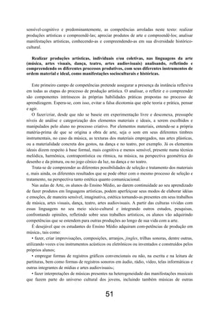 sensível-cognitivo e predominantemente, as competências arroladas neste texto: realizar
produções artísticas e compreendê-las; apreciar produtos de arte e compreendê-los; analisar
manifestações artísticas, conhecendo-as e compreendendo-as em sua diversidade histórico-
cultural.

  Realizar produções artísticas, individuais e/ou coletivas, nas linguagens da arte
(música, artes visuais, dança, teatro, artes audiovisuais) analisando, refletindo e
compreendendo os diferentes processos produtivos, com seus diferentes instrumentos de
ordem material e ideal, como manifestações socioculturais e históricas.

   Este primeiro campo de competências pretende assegurar a presença da instância reflexiva
em todas as etapas do processo de produção artística. O analisar, o refletir e o compreender
são componentes intrínsecos às próprias habilidades práticas propostas no processo de
aprendizagem. Espera-se, com isso, evitar a falsa dicotomia que opõe teoria e prática, pensar
e agir.
   O fazer/criar, desde que não se baseie em experimentação livre e desconexa, pressupõe
níveis de análise e categorização dos elementos materiais e ideais, a serem escolhidos e
manipulados pelo aluno no processo criativo. Por elementos materiais, entende-se a própria
matéria-prima de que se origina a obra de arte, seja o som em seus diferentes timbres
instrumentais, no caso da música, as texturas dos materiais empregados, nas artes plásticas,
ou a materialidade concreta dos gestos, na dança e no teatro, por exemplo. Já os elementos
ideais dizem respeito à base formal, mais cognitiva e menos sensível, presente numa técnica
melódica, harmônica, contrapontística ou rítmica, na música, na perspectiva geométrica do
desenho e da pintura, ou no jogo cênico da luz, na dança e no teatro.
   Trata-se de compreender as diferentes possibilidades de seleção e tratamento dos materiais
e, mais ainda, os diferentes resultados que se pode obter com o mesmo processo de seleção e
tratamento, na perspectiva tanto estética quanto comunicacional.
   Nas aulas de Arte, os alunos do Ensino Médio, ao darem continuidade ao seu aprendizado
de fazer produtos em linguagens artísticas, podem aperfeiçoar seus modos de elaborar idéias
e emoções, de maneira sensível, imaginativa, estética tornando-as presentes em seus trabalhos
de música, artes visuais, dança, teatro, artes audiovisuais. A partir das culturas vividas com
essas linguagens no seu meio sócio-cultural e integrando outros estudos, pesquisas,
confrontando opiniões, refletindo sobre seus trabalhos artísticos, os alunos vão adquirindo
competências que se estendem para outras produções ao longo de sua vida com a arte.
   É desejável que os estudantes do Ensino Médio adquiram com-petências de produção em
música3, tais como:
   • fazer, criar improvisações, composições, arranjos, jingles, trilhas sonoras, dentre outras,
utilizando vozes e/ou instrumentos acústicos ou eletrônicos ou inventados e construídos pelos
próprios alunos;
   • empregar formas de registros gráficos convencionais ou não, na escrita e na leitura de
partituras, bem como formas de registros sonoros em áudio, rádio, vídeo, telas informáticas e
outras integrantes de mídias e artes audiovisuais4;
   • fazer interpretações de músicas presentes na heterogeneidade das manifestações musicais
que fazem parte do universo cultural dos jovens, incluindo também músicas de outras


                                             51
 