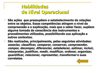 Habilidades de Nível Operacional São ações  que pressupõem o estabelecimento de relações entre os objetos. Essas competências atingem o nível da compreensão e a explicação, mais que o saber fazer, supõem alguma tomada de consciência dos instrumentos e procedimentos utilizados, possibilitando sua aplicação a outros contextos. São realizadas, principalmente, pelas seguintes atividades:  associar, classificar, comparar, conservar, compreender, compor, decompor, diferenciar, estabelecer, estimar, incluir, interpretar, justificar, medir, modificar, ordenar, organizar, quantificar, relacionar, representar, transformar  e suas correlatas. 