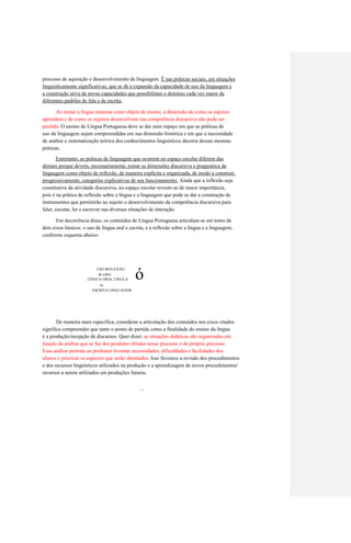 processo de aquisição e desenvolvimento da linguagem. É nas práticas sociais, em situações 
linguisticamente significativas, que se dá a expansão da capacidade de uso da linguagem e 
a construção ativa de novas capacidades que possibilitam o domínio cada vez maior de 
diferentes padrões de fala e de escrita. 
Ao tomar a língua materna como objeto de ensino, a dimensão de como os sujeitos 
aprendem e de como os sujeitos desenvolvem sua competência discursiva não pode ser 
perdida. O ensino de Língua Portuguesa deve se dar num espaço em que as práticas de 
uso da linguagem sejam compreendidas em sua dimensão histórica e em que a necessidade 
de análise e sistematização teórica dos conhecimentos linguísticos decorra dessas mesmas 
práticas. 
Entretanto, as práticas de linguagem que ocorrem no espaço escolar diferem das 
demais porque devem, necessariamente, tomar as dimensões discursiva e pragmática da 
linguagem como objeto de reflexão, de maneira explícita e organizada, de modo a construir, 
progressivamente, categorias explicativas de seu funcionamento. Ainda que a reflexão seja 
constitutiva da atividade discursiva, no espaço escolar reveste-se de maior importância, 
pois é na prática de reflexão sobre a língua e a linguagem que pode se dar a construção de 
instrumentos que permitirão ao sujeito o desenvolvimento da competência discursiva para 
falar, escutar, ler e escrever nas diversas situações de interação. 
Em decorrência disso, os conteúdos de Língua Portuguesa articulam-se em torno de 
dois eixos básicos: o uso da língua oral e escrita, e a reflexão sobre a língua e a linguagem, 
conforme esquema abaixo: 
ó 
USO REFLEXÃO 
de sobre 
LÍNGUA ORAL LÍNGUA 
ee 
ESCRITA LINGUAGEM 
De maneira mais específica, considerar a articulação dos conteúdos nos eixos citados 
significa compreender que tanto o ponto de partida como a finalidade do ensino da língua 
é a produção/recepção de discursos. Quer dizer: as situações didáticas são organizadas em 
função da análise que se faz dos produtos obtidos nesse processo e do próprio processo. 
Essa análise permite ao professor levantar necessidades, dificuldades e facilidades dos 
alunos e priorizar os aspectos que serão abordados. Isso favorece a revisão dos procedimentos 
e dos recursos linguísticos utilizados na produção e a aprendizagem de novos procedimentos/ 
recursos a serem utilizados em produções futuras. 
34  
