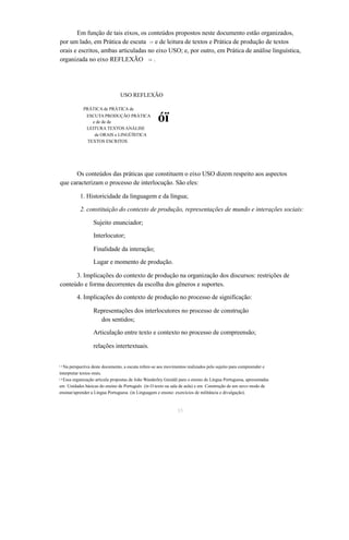 Em função de tais eixos, os conteúdos propostos neste documento estão organizados, 
por um lado, em Prática de escuta e de leitura de textos 13 e Prática de produção de textos 
orais e escritos, ambas articuladas no eixo USO; e, por outro, em Prática de análise linguística, 
organizada no eixo REFLEXÃO 14 . 
USO REFLEXÃO 
PRÁTICA de PRÁTICA de ESCUTA PRODUÇÃO PRÁTICA óï 
e de de de 
LEITURA TEXTOS ANÁLISE 
de ORAIS e LINGÜÍSTICA 
TEXTOS ESCRITOS 
Os conteúdos das práticas que constituem o eixo USO dizem respeito aos aspectos 
que caracterizam o processo de interlocução. São eles: 
1. Historicidade da linguagem e da língua; 
2. constituição do contexto de produção, representações de mundo e interações sociais: 
Sujeito enunciador; 
Interlocutor; 
Finalidade da interação; 
Lugar e momento de produção. 
3. Implicações do contexto de produção na organização dos discursos: restrições de 
conteúdo e forma decorrentes da escolha dos gêneros e suportes. 
4. Implicações do contexto de produção no processo de significação: 
Representações dos interlocutores no processo de construção 
dos sentidos; 
Articulação entre texto e contexto no processo de compreensão; 
relações intertextuais. 
1 3Na perspectiva deste documento, a escuta refere-se aos movimentos realizados pelo sujeito para compreender e 
interpretar textos orais. 
1 4Essa organização articula propostas de João Wanderley Geraldi para o ensino de Língua Portuguesa, apresentadas 
em Unidades básicas do ensino de Português (in O texto na sala de aula) e em Construção de um novo modo de 
ensinar/aprender a Língua Portuguesa (in Linguagem e ensino: exercícios de militância e divulgação). 
35 
 
