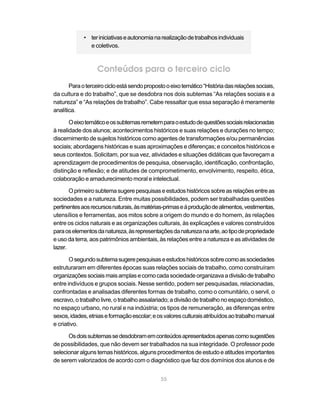 55
• teriniciativaseautonomianarealizaçãodetrabalhosindividuais
e coletivos.
Conteúdos para o terceiro ciclo
Paraoterceirocicloestásendopropostooeixotemático“Históriadasrelaçõessociais,
da cultura e do trabalho”, que se desdobra nos dois subtemas “As relações sociais e a
natureza” e “As relações de trabalho”. Cabe ressaltar que essa separação é meramente
analítica.
Oeixotemáticoeossubtemasremetemparaoestudodequestõessociaisrelacionadas
à realidade dos alunos; acontecimentos históricos e suas relações e durações no tempo;
discernimento de sujeitos históricos como agentes de transformações e/ou permanências
sociais; abordagens históricas e suas aproximações e diferenças; e conceitos históricos e
seus contextos. Solicitam, por sua vez, atividades e situações didáticas que favoreçam a
aprendizagem de procedimentos de pesquisa, observação, identificação, confrontação,
distinção e reflexão; e de atitudes de comprometimento, envolvimento, respeito, ética,
colaboração e amadurecimento moral e intelectual.
Oprimeirosubtemasugerepesquisaseestudoshistóricossobreasrelaçõesentreas
sociedades e a natureza. Entre muitas possibilidades, podem ser trabalhadas questões
pertinentesaosrecursosnaturais,àsmatérias-primaseàproduçãodealimentos,vestimentas,
utensílios e ferramentas, aos mitos sobre a origem do mundo e do homem, às relações
entre os ciclos naturais e as organizações culturais, às explicações e valores construídos
paraoselementosdanatureza,àsrepresentaçõesdanaturezanaarte,aotipodepropriedade
e uso da terra, aos patrimônios ambientais, às relações entre a natureza e as atividades de
lazer.
Osegundosubtemasugerepesquisaseestudoshistóricossobrecomoassociedades
estruturaram em diferentes épocas suas relações sociais de trabalho, como construíram
organizaçõessociaismaisamplasecomocadasociedadeorganizavaadivisãodetrabalho
entre indivíduos e grupos sociais. Nesse sentido, podem ser pesquisadas, relacionadas,
confrontadas e analisadas diferentes formas de trabalho, como o comunitário, o servil, o
escravo,otrabalholivre,otrabalhoassalariado;adivisãodetrabalhonoespaçodoméstico,
no espaço urbano, no rural e na indústria; os tipos de remuneração, as diferenças entre
sexos,idades,etniaseformaçãoescolar;eosvaloresculturaisatribuídosaotrabalhomanual
e criativo.
Osdoissubtemassedesdobramemconteúdosapresentadosapenascomosugestões
de possibilidades, que não devem ser trabalhados na sua integridade. O professor pode
selecionaralgunstemashistóricos,algunsprocedimentosdeestudoeatitudesimportantes
de serem valorizados de acordo com o diagnóstico que faz dos domínios dos alunos e de
 