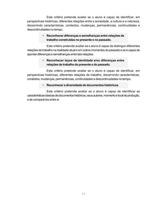 63
Este critério pretende avaliar se o aluno é capaz de identificar, em
perspectivas históricas, diferentes relações entre a sociedade, a cultura e a natureza,
discernindo características, contextos, mudanças, permanências, continuidades e
descontinuidades no tempo.
• Reconhecer diferenças e semelhanças entre relações de
trabalho construídas no presente e no passado.
Este critério pretende avaliar se o aluno é capaz de distinguir diferentes
relações de trabalho na realidade atual e em outros momentos do passado e se é capaz de
apontardiferençasesemelhançasentretaisrelações.
• Reconhecer laços de identidade e/ou diferenças entre
relações de trabalho do presente e do passado.
Este critério pretende avaliar se o aluno é capaz de identificar, em
perspectivas históricas, diferentes relações de trabalho, discernindo características,
contextos, mudanças, permanências, continuidades e descontinuidades no tempo.
• Reconhecer a diversidade de documentos históricos.
Este critério pretende avaliar se o aluno é capaz de identificar as
característicasbásicasdedocumentoshistóricos,seusautores,momentoelocaldeprodução,
e de compará-los entre si.
 