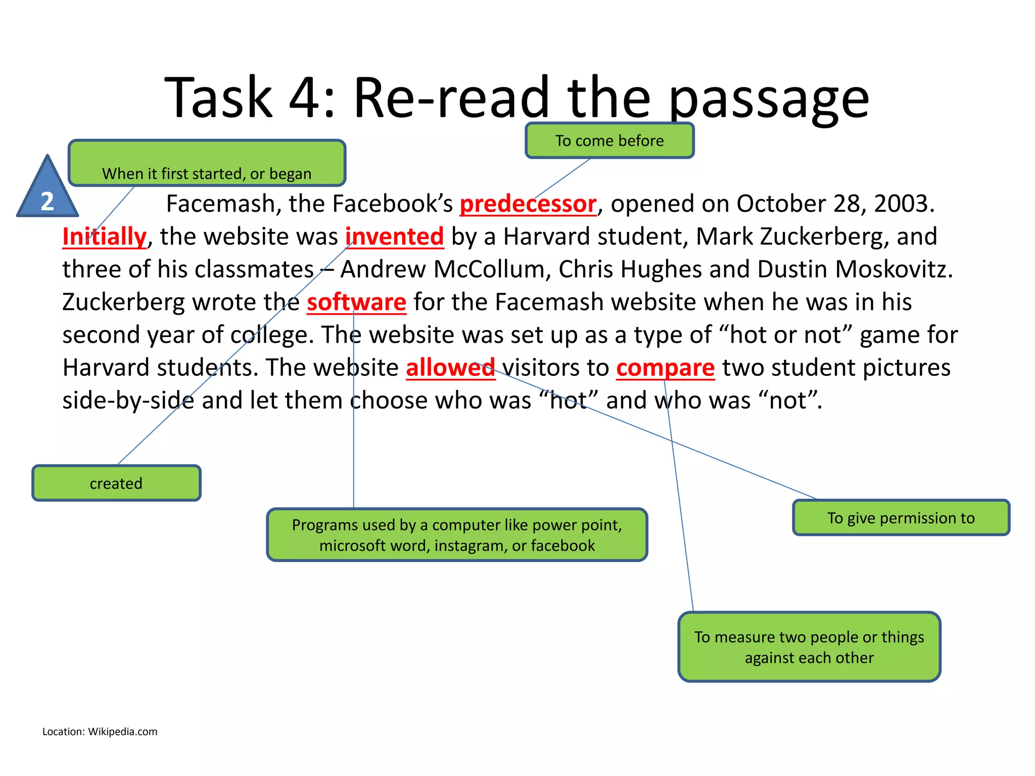 Task 4: Re-read the passage
Facemash, the Facebook’s predecessor, opened on October 28, 2003.
Initially, the website was invented by a Harvard student, Mark Zuckerberg, and
three of his classmates – Andrew McCollum, Chris Hughes and Dustin Moskovitz.
Zuckerberg wrote the software for the Facemash website when he was in his
second year of college. The website was set up as a type of “hot or not” game for
Harvard students. The website allowed visitors to compare two student pictures
side-by-side and let them choose who was “hot” and who was “not”.
2
When it first started, or began
To come before
created
Programs used by a computer like power point,
microsoft word, instagram, or facebook
To give permission to
To measure two people or things
against each other
Location: Wikipedia.com
 