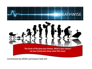 Contributed by MOOC participant Sally Gill
DEATHWISE
The Circle of life gives you choices. What’s your choice?
Let your loved ones know what YOU want.
 