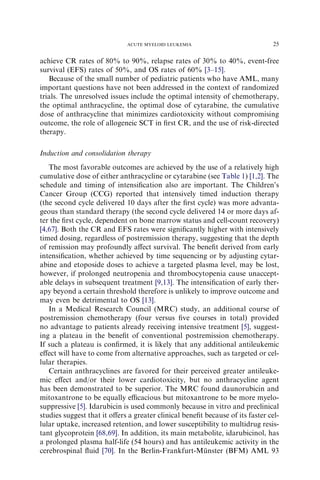 ACUTE MYELOID LEUKEMIA                            25

achieve CR rates of 80% to 90%, relapse rates of 30% to 40%, event-free
survival (EFS) rates of 50%, and OS rates of 60% [3–15].
   Because of the small number of pediatric patients who have AML, many
important questions have not been addressed in the context of randomized
trials. The unresolved issues include the optimal intensity of chemotherapy,
the optimal anthracycline, the optimal dose of cytarabine, the cumulative
dose of anthracycline that minimizes cardiotoxicity without compromising
outcome, the role of allogeneic SCT in ﬁrst CR, and the use of risk-directed
therapy.

Induction and consolidation therapy
   The most favorable outcomes are achieved by the use of a relatively high
cumulative dose of either anthracycline or cytarabine (see Table 1) [1,2]. The
schedule and timing of intensiﬁcation also are important. The Children’s
Cancer Group (CCG) reported that intensively timed induction therapy
(the second cycle delivered 10 days after the ﬁrst cycle) was more advanta-
geous than standard therapy (the second cycle delivered 14 or more days af-
ter the ﬁrst cycle, dependent on bone marrow status and cell-count recovery)
[4,67]. Both the CR and EFS rates were signiﬁcantly higher with intensively
timed dosing, regardless of postremission therapy, suggesting that the depth
of remission may profoundly aﬀect survival. The beneﬁt derived from early
intensiﬁcation, whether achieved by time sequencing or by adjusting cytar-
abine and etoposide doses to achieve a targeted plasma level, may be lost,
however, if prolonged neutropenia and thrombocytopenia cause unaccept-
able delays in subsequent treatment [9,13]. The intensiﬁcation of early ther-
apy beyond a certain threshold therefore is unlikely to improve outcome and
may even be detrimental to OS [13].
   In a Medical Research Council (MRC) study, an additional course of
postremission chemotherapy (four versus ﬁve courses in total) provided
no advantage to patients already receiving intensive treatment [5], suggest-
ing a plateau in the beneﬁt of conventional postremission chemotherapy.
If such a plateau is conﬁrmed, it is likely that any additional antileukemic
eﬀect will have to come from alternative approaches, such as targeted or cel-
lular therapies.
   Certain anthracyclines are favored for their perceived greater antileuke-
mic eﬀect and/or their lower cardiotoxicity, but no anthracycline agent
has been demonstrated to be superior. The MRC found daunorubicin and
mitoxantrone to be equally eﬃcacious but mitoxantrone to be more myelo-
suppressive [5]. Idarubicin is used commonly because in vitro and preclinical
studies suggest that it oﬀers a greater clinical beneﬁt because of its faster cel-
lular uptake, increased retention, and lower susceptibility to multidrug resis-
tant glycoprotein [68,69]. In addition, its main metabolite, idarubicinol, has
a prolonged plasma half-life (54 hours) and has antileukemic activity in the
cerebrospinal ﬂuid [70]. In the Berlin-Frankfurt-Munster (BFM) AML 93
                                                        ¨
 
