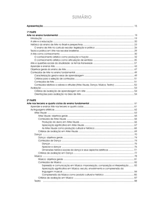 SUMÁRIO
Apresentação ............................................................................................................................................... 15

1ª PARTE
Arte no ensino fundamental ....................................................................................................................... 19
    Introdução ............................................................................................................................................. 19
    A arte e a educação ............................................................................................................................. 20
    Histórico do ensino de Arte no Brasil e perspectivas ............................................................................... 23
         O ensino de Arte no currículo escolar: legislação e prática ............................................................ 26
    Teoria e prática em Arte nas escolas brasileiras ..................................................................................... 29
    A Arte como conhecimento .................................................................................................................. 30
         O conhecimento artístico como produção e fruição ...................................................................... 32
         O conhecimento artístico como articulação de sentidos ............................................................... 35
    Arte e questões sociais da atualidade: os temas transversais ............................................................... 37
    Aprender e ensinar Arte .......................................................................................................................... 43
    Objetivos gerais do ensino de Arte ......................................................................................................... 47
    Conteúdos de Arte no ensino fundamental ........................................................................................... 49
         Caracterização geral e eixos de aprendizagem ............................................................................. 49
         Critérios para a seleção de conteúdos ............................................................................................ 51
         Conteúdos de Arte ........................................................................................................................... 51
         Conteúdos relativos a valores e atitudes (Artes Visuais, Dança, Música, Teatro) .............................. 52
    Avaliação ............................................................................................................................................... 53
         Critérios de avaliação de aprendizagem em Arte .......................................................................... 54
         Orientações para avaliação na área de Arte .................................................................................. 54

2ª PARTE
Arte nos terceiro e quarto ciclos do ensino fundamental ...................................................................... 61
    Aprender e ensinar Arte nos terceiro e quarto ciclos .............................................................................. 61
    As linguagens artísticas ........................................................................................................................... 62
         Artes Visuais ...................................................................................................................................... 63
             Artes Visuais: objetivos gerais ...................................................................................................... 65
             Conteúdos de Artes Visuais ........................................................................................................ 66
                 Produção do aluno em Artes Visuais .................................................................................... 66
                 Apreciação significativa em Artes Visuais ............................................................................. 67
                 As Artes Visuais como produção cultural e histórica ............................................................. 68
             Critérios de avaliação em Artes Visuais ...................................................................................... 69
         Dança ............................................................................................................................................. 70
             Dança: objetivos gerais .............................................................................................................. 74
             Conteúdos de Dança ................................................................................................................ 74
                 Dançar .................................................................................................................................. 75
                 Apreciar e dançar ................................................................................................................ 76
                 Dimensões histórico-sociais da dança e seus aspectos estéticos ....................................... 77
             Critérios de avaliação em Dança .............................................................................................. 77
         Música ............................................................................................................................................. 78
             Música: objetivos gerais ............................................................................................................. 81
             Conteúdos de Música ................................................................................................................ 82
                 Expressão e comunicação em Música: improvisação, composição e interpretação ........ 82
                 Apreciação significativa em Música: escuta, envolvimento e compreensão da
                 linguagem musical ............................................................................................................... 84
                 Compreensão da Música como produto cultural e histórico .............................................. 85
             Critérios de avaliação em Música ............................................................................................. 87
         Teatro ............................................................................................................................................. 88
 