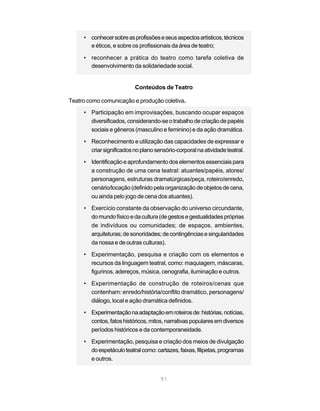 • conhecer sobre as profissões e seus aspectos artísticos, técnicos
       e éticos, e sobre os profissionais da área de teatro;

     • reconhecer a prática do teatro como tarefa coletiva de
       desenvolvimento da solidariedade social.


                           Conteúdos de Teatro

Teatro como comunicação e produção coletiva.
     • Participação em improvisações, buscando ocupar espaços
       diversificados, considerando-se o trabalho de criação de papéis
       sociais e gêneros (masculino e feminino) e da ação dramática.

     • Reconhecimento e utilização das capacidades de expressar e
       criar significados no plano sensório-corporal na atividade teatral.
     • Identificação e aprofundamento dos elementos essenciais para
       a construção de uma cena teatral: atuantes/papéis, atores/
       personagens, estruturas dramatúrgicas/peça, roteiro/enredo,
       cenário/locação (definido pela organização de objetos de cena,
       ou ainda pelo jogo de cena dos atuantes).
     • Exercício constante da observação do universo circundante,
       do mundo físico e da cultura (de gestos e gestualidades próprias
       de indivíduos ou comunidades; de espaços, ambientes,
       arquiteturas; de sonoridades; de contingências e singularidades
       da nossa e de outras culturas).

     • Experimentação, pesquisa e criação com os elementos e
       recursos da linguagem teatral, como: maquiagem, máscaras,
       figurinos, adereços, música, cenografia, iluminação e outros.

     • Experimentação de construção de roteiros/cenas que
       contenham: enredo/história/conflito dramático, personagens/
       diálogo, local e ação dramática definidos.

     • Experimentação na adaptação em roteiros de: histórias, notícias,
       contos, fatos históricos, mitos, narrativas populares em diversos
       períodos históricos e da contemporaneidade.

     • Experimentação, pesquisa e criação dos meios de divulgação
       do espetáculo teatral como: cartazes, faixas, filipetas, programas
       e outros.


                                      91
 