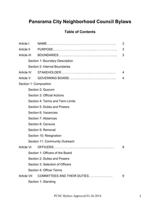 Panorama City Neighborhood Council Bylaws
Table of Contents
Article I

NAME…………………………………………………………

3

Article II

PURPOSE…………………………………………………….

3

Article III

BOUNDARIES………………………………………………..

3

Section 1: Boundary Description
Section 2: Internal Boundaries
Article IV

STAKEHOLDER…………………………………………….

4

Article V

GOVERNING BOARD………………………………………

4

Section 1: Composition
Section 2: Quorum
Section 3: Official Actions
Section 4: Terms and Term Limits
Section 5: Duties and Powers
Section 6: Vacancies
Section 7: Absences
Section 8: Censure
Section 9: Removal
Section 10: Resignation
Section 11: Community Outreach
Article VI

OFFICERS……………………………………………….…

8

Section 1: Officers of the Board
Section 2: Duties and Powers
Section 3: Selection of Officers
Section 4: Officer Terms
Article VII

COMMITTEES AND THEIR DUTIES……….……….…

9

Section 1: Standing

PCNC Bylaws Approved 01-26-2014

1

 