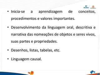 • Inicia-se a aprendizagem de conceitos,
procedimentos e valores importantes.
• Desenvolvimento da linguagem oral, descritiva e
narrativa das nomeações de objetos e seres vivos,
suas partes e propriedades.
• Desenhos, listas, tabelas, etc.
• Linguagem causal.
 
