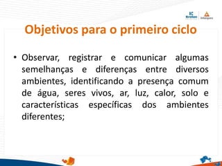 Objetivos para o primeiro ciclo
• Observar, registrar e comunicar algumas
semelhanças e diferenças entre diversos
ambientes, identificando a presença comum
de água, seres vivos, ar, luz, calor, solo e
características específicas dos ambientes
diferentes;
 