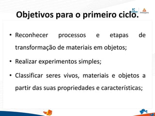 Objetivos para o primeiro ciclo.
• Reconhecer processos e etapas de
transformação de materiais em objetos;
• Realizar experimentos simples;
• Classificar seres vivos, materiais e objetos a
partir das suas propriedades e características;
 