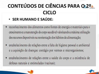 CONTEÚDOS DE CIÊNCIAS PARA O 2º
CICLO
• SER HUMANO E SAÚDE:
 