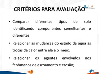 CRITÉRIOS PARA AVALIAÇÃO
• Comparar diferentes tipos de solo
identificando componentes semelhantes e
diferentes;
• Relacionar as mudanças do estado da água às
trocas de calor entre ela e o meio;
• Relacionar os agentes envolvidos nos
fenômenos de escoamento e erosão;
 