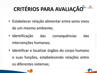 CRITÉRIOS PARA AVALIAÇÃO
• Estabelecer relação alimentar entre seres vivos
de um mesmo ambiente;
• Identificação das consequências das
intervenções humanas;
• Identificar e localizar órgãos do corpo humano
e suas funções, estabelecendo relações entre
os diferentes sistemas;
 