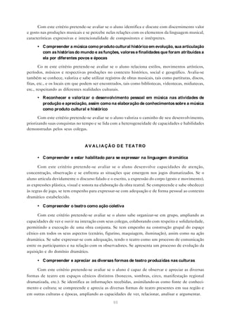 Com este critério pretende-se avaliar se o aluno identifica e discute com discernimento valor
e gosto nas produções musicais e se percebe nelas relações com os elementos da linguagem musical,
características expressivas e intencionalidade de compositores e intérpretes.

      • C ompreender a música como produto cultural histórico em evolução, sua articulação
        com as histórias do mundo e as funções, valores e finalidades que foram atribuídas a
        ela por diferentes povos e épocas

       Co m este critério pretende-se avaliar se o aluno relaciona estilos, movimentos artísticos,
períodos, músicos e respectivas produções no contexto histórico, social e geográfico. Avalia-se
também se conhece, valoriza e sabe utilizar registros de obras musicais, tais como partituras, discos,
fitas, etc., e os locais em que podem ser encontrados, tais como bibliotecas, videotecas, midiatecas,
etc., respeitando as diferentes realidades culturais.

      • R econhecer e valorizar o desenvolvimento pessoal em música nas atividades de
        produção e apreciação, assim como na elaboração de conhecimentos sobre a música
        como produto cultural e histórico

       Com este critério pretende-se avaliar se o aluno valoriza o caminho de seu desenvolvimento,
priorizando suas conquistas no tempo e se lida com a heterogeneidade de capacidades e habilidades
demonstradas pelos seus colegas.



                                 A V A L I A ÇÃ O D E T EA T RO

      • C ompreender e estar habilitado para se expressar na linguagem dramática

      Com este critério pretende-se avaliar se o aluno desenvolve capacidades de atenção,
concentração, observação e se enfrenta as situações que emergem nos jogos dramatizados. Se o
aluno articula devidamente o discurso falado e o escrito, a expressão do corpo (gesto e movimento),
as expressões plástica, visual e sonora na elaboração da obra teatral. Se compreende e sabe obedecer
às regras de jogo, se tem empenho para expressar-se com adequação e de forma pessoal ao contexto
dramático estabelecido.

      • C ompreender o teatro como ação coletiva

      Com este critério pretende-se avaliar se o aluno sabe organizar-se em grupo, ampliando as
capacidades de ver e ouvir na interação com seus colegas, colaborando com respeito e solidariedade,
permitindo a execução de uma obra conjunta. Se tem empenho na construção grupal do espaço
cênico em todos os seus aspectos (cenário, figurino, maquiagem, iluminação), assim como na ação
dramática. Se sabe expressar-se com adequação, tendo o teatro como um processo de comunicação
entre os participantes e na relação com os observadores. Se apresenta um processo de evolução da
aquisição e do domínio dramático.

      • C ompreender e apreciar as diversas formas de teatro produzidas nas culturas

     Com este critério pretende-se avaliar se o aluno é capaz de observar e apreciar as diversas
formas de teatro em espaços cênicos distintos (bonecos, sombras, circo, manifestação regional
dramatizada, etc.). Se identifica as informações recebidas, assimilando-as como fonte de conheci-
mento e cultura; se compreende e aprecia as diversas formas de teatro presentes em sua região e
em outras culturas e épocas, ampliando as capacidades de ver, relacionar, analisar e argumentar.

                                                 65
 