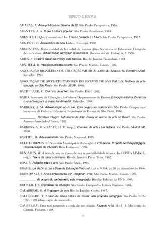 BIBLIOGRAFIA

AMARAL, A. Arte plásticas na Se
               s               mana de 22. São Paulo: Perspectiva, 1976.
ARANTES, A. A. O que é cultura popular. São Paulo: Brasiliense, 1983.

ARENDT, H. Que é autoridade? In: Entre o passado e o futuro. São Paulo: Perspectiva, 1972.

ARGAN, G. C. Arte e crítica de arte Lisboa: Estampa, 1988.
                                   .

ARGENTINA. Municipalidad de la ciudad de Buenos Aires. Secretaría de Educación. Dirección
  de currículum. Actualización curricular artes-música. Documento de Trabajo n. 2, 1996.

ARIES, P. História social da criança e da família. Rio de Janeiro: Guanabara, 1981.
ARNHEIM, R. I ntuição e inte cto na arte São Paulo: Martins Fontes, 1989.
                            le          .

ASSOCIAÇÃO BRASILEIRA DE EDUCAÇÃO MUSICAL (ABEM). Anais do I I I Encontro Anual.
  Salvador: 1994.

ASSOCIAÇÃO DE ARTE-EDUCADORES DO ESTADO DE SÃO PAULO. História da arte-
  educação e São Paulo. São Paulo: AESP, 1986.
            m

BACHELARD, G. O dire de sonhar. São Paulo: Difel, 1986.
                    ito

BAHIA. Secretaria da Educação e da Cultura. Departamento de Ensino. Educação artística. Diretrizes
  curriculare para o e
             s        nsino fundamental. Salvador: 1994.

BARBOSA, A. M. Arte-educação no Brasil. Das origens ao modernismo. São Paulo: Perspectiva/
  Secretaria da Cultura, Ciências e Tecnologia do Estado de São Paulo, 1978.

__________. Recorte e colage I nfluê
                            m.      ncias de John De y no e
                                                    we     nsino da arte no Brasil. São Paulo:
  Autores Associados/Cortez, 1982.

BARBOSA, A. M. e SALES, H. M. (orgs.). O ensino da arte e sua história. São Paulo: MAC/USP,
  1990.

BASTIDE, R. Arte e sociedade São Paulo: Nacional, 1979.
                            .

BELO HORIZONTE. Secretaria Municipal de Educação. Escola plural. Proposta político-pedagógica.
  Re municipal de e
    de             ducação. Belo Horizonte: 1994.
BENJAMIN, W. A obra de arte na época de sua reprodutibilidade técnica. In: COSTA LIMA, L.
  (org.). Teoria da cultura de massa. Rio de Janeiro: Paz e Terra, 1982.
BOSI, A. Re xõe sobre a arte São Paulo: Ática, 1985.
           fle s            .
BRASIL. Le de Dire
          i       trize e Base da Educação Nacional. Lei n. 9.394, de 20 de dezembro de 1996.
                       s      s
BRONOWSKI, J. Arte e conhe nto: ve imaginar, criar. São Paulo: Martins Fontes, 1983.
                          cime    r,
__________. As orige do conhe nto e da imaginação. Brasília: Editora da UNB, 1985.
                    ns       cime
BRUNER, J. S. O proce da e
                     sso  ducação. São Paulo: Companhia Editora Nacional, 1987.
CALABRESE, O. A linguage da arte Rio de Janeiro: Globo, 1987.
                        m       .
CALLEGARO, T. Ensino da arte e cultura de massa: uma proposta pedagógica. São Paulo: ECA/
  USP, 1993 (dissertação de mestrado).
CAMPELO,V. Uma tupi tangendo a corda de um alaúde. Fazendo Arte 11:14-15. Ministério da
                                                               s,
  Cultura, Funarte, 1988.

                                                79
 