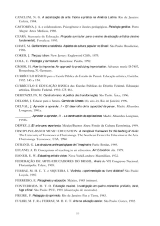 CANCLINI, N. G. A socialização da arte Te
                                      . oria e prática na América Latina. Rio de Janeiro:
  Cultrix, 1984.
CASTORINA, J. A. e colaboradores. Psicogênese e ilusões pedagógicas. Psicologia ge tica. Porto
                                                                                  né
  Alegre: Artes Médicas, 1988.
CEARÁ. Secretaria de Educação. Proposta curricular para o ensino de educação artística (ensino
  fundamental). Fortaleza: 1993.
CHAUÍ, M. Conformismo e re ncia. Aspe
                          sistê      ctos da cultura popular no Brasil. São Paulo: Brasiliense,
  1986.
COKER, J. The jazz idiom. New Jersey: Englewood Cliffs, 1975.
COLL, C. Psicología y currículum. Barcelona: Paidós, 1992.
CROOK, H. How to improvise An approach to practicizing improvisation. Advance music D-7407,
                          .
  Rottenburg, N. Germany.
CURRÍCULO BÁSICO para a Escola Pública do Estado do Paraná. Educação artística, Curitiba.
  1992: 145 a 174.
CURRÍCULO E EDUCAÇÃO BÁSICA das Escolas Públicas do Distrito Federal. Educação
  artística, Distrito Federal. 1993: 375-461.
DEHENZELIN, M. Construtivismo. A poética das transformaçõe São Paulo: Ática, 1996.
                                                          s.
DELORS, J. Educar para o futuro. Corre da Une (6), ano 24, Rio de Janeiro: 1996.
                                      io     sco.
DELVAL, J. Apre r a apre r. I - El de
               nde      nde          sarrollo de la capacidad de pensar. Madri: Alhambra
  Longman, 1991a.
__________. Apre r a apre r. I I - La construcción de e
                nde      nde                           xplicacione Madri: Alhambra Longman,
                                                                  s.
  1991b.
DEWEY, J. El arte como e rie
                        xpe ncia. México/Buenos Aires: Fondo de Cultura Económica, 1949.
DISCIPLINE-BASED MUSIC EDUCATION: A conce            ptual framework for the teaching of music.
  The University of Tennessee at Chattanooga. The Southeast Center for Education in the Arts.
  Chattanooga Tennessee, USA, 1994.
DURAND, G. Le structure anthropologique de l’imaginaire Paris: Bordas, 1969.
             s         s               s               .
EFLAND, A. D. Conceptions of teaching in art education. Art Education. abr. 1979.
EISNER, E. W. Educating artistic vision. Nova York/Londres: Macmillian, 1972.
FEDERAÇÃO DE ARTE-EDUCADORES DO BRASIL. Anais do VII Congresso Nacional.
  Florianópolis: Udesc, 1995.
FERRAZ, M. H. C. T. e SIQUEIRA, I. Vivência, experimentação ou livro didático? São Paulo:
  Loyola, 1987.
FERREIRO, E. Psicogé sis y e
                    ne      ducación. México, 1985 (mimeo).
FONTERRADA, M. T. O. Educação musical. I nve        stigação e quatro mome
                                                              m           ntos: prelúdio, coral,
  fuga e final. São Paulo: PUC, 1991 (dissertação de mestrado).
FREIRE, P. Pedagogia do oprimido. Rio de Janeiro: Paz e Terra, 1983.
FUSARI, M. F. R e FERRAZ, M. H. C. T. Arte na educação escolar. São Paulo: Cortez, 1992.



                                               80
 