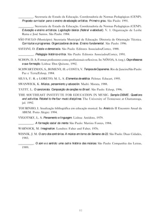 __________. Secretaria de Estado da Educação. Coordenadoria de Normas Pedagógicas (CENP).
  Proposta curricular para o ensino de educação artística. Prime grau. São Paulo: 1991.
                                                                iro
__________. Secretaria de Estado da Educação. Coordenadoria de Normas Pedagógicas (CENP).
  Educação e ensino artísticos. Legislação básica (fe ral e e
                                                     de      stadual). V. 1. Organização de Leslie
  Rama e José Santos. São Paulo: 1984.
SÃO PAULO (Município). Secretaria Municipal de Educação. Diretoria de Orientação Técnica.
  Currículos e programas. Organizadore de áre Ensino fundame
                                      s      a.             ntal. São Paulo: 1996.
SAVIANI, D. Escola e democracia. São Paulo: Editores Associados/Cortez, 1988.
__________. Pedagogia histórico-crítica. São Paulo: Editores Associados/Cortez, 1991.
SCHON, D. A. Formar professores como profissionais reflexivos. In: NÓVOA, A. (org.). Osprofessores
  e sua formação. Lisboa: Don Quixote, 1992.
SCHWARTZMAN, S., BOMENY, H. e COSTA, V. Tempos deCapanema. Rio de Janeiro/São Paulo:
  Paz e Terra/Edusp, 1984.
SILVA, U. R. e LORETO, M. L. S. Ele ntos de e tica. Pelotas: Educart, 1995.
                                   me        sté
SWANWICK, K. Música, pensamie y e
                             nto ducación. Madri: Morata, 1988.
TATIT, L. O cancionista. Composição de cançõe no Brasil. São Paulo: Edusp, 1996.
                                             s
THE SOUTHEAST INSTITUTE FOR EDUCATION IN MUSIC. Sample DBME. Que                        stions
  and activitie Re d to the four music discipline The University of Tennessee at Chattanooga,
               s. late                           s.
  jul. 1992.
TOURINHO, I. Atualização bibliográfica em educação musical. In: Anais do II Encontro Anual da
  ABEM. Porto Alegre: 1994.
VYGOTSKY, L. S. Pensame e linguage Lisboa: Antídoto, 1979.
                       nto        m.
__________. A formação social da me . São Paulo: Martins Fontes, 1984.
                                   nte
WARNOCK, M. I magination. Londres: Faber and Faber, 1976.
WISNIK, J. M. O coro dos contrários. A música e torno da Se
                                               m           mana de 22. São Paulo: Duas Cidades,
  1983.
__________. O som e o sentido: uma outra história das músicas. São Paulo: Companhia das Letras,
  1989.




                                                83
 