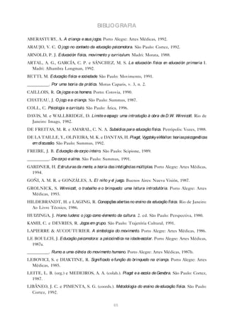 BIBLIOGRAFIA

ABERASTURY, A. A criança e se jogos. Porto Alegre: Artes Médicas, 1992.
                             us
ARAUJO, V. C. O jogo no conte da e
                             xto  ducação psicomotora. São Paulo: Cortez, 1992.
ARNOLD, P. J. Educación física, movime y curriculum. Madri: Morata, 1988.
                                      nto
ARTAL, A. G., GARCÍA, C. P. e SÁNCHEZ, M. S. La educación física e e
                                                                  n ducación primaria I.
  Madri: Alhambra Longman, 1992.
BETTI, M. Educação física e sociedade São Paulo: Movimento, 1991.
                                     .
__________. Por uma teoria da prática. Motus Caparis, v. 3, n. 2.
CAILLOIS, R. Os jogos e os home Porto: Cotovia, 1990.
                               ns.
CHATEAU, J. O jogo e a criança. São Paulo: Summus, 1987.
COLL, C. Psicologia e currículo. São Paulo: Ática, 1996.
DAVIS, M. e WALLBRIDGE, D. Limite e espaço: uma introdução à obra de D.W. Winnicott. Rio de
  Janeiro: Imago, 1982.
DE FREITAS, M. R. e AMARAL, C. N. A. Subsídios para educação física. Petrópolis: Vozes, 1988.
DE LA TAILLE, Y., OLIVEIRA, M. K. e DANTAS, H. Piage Vygotsky eWallon: te
                                                    t,                   orias psicoge ticas
                                                                                      né
  e discussão. São Paulo: Summus, 1992.
   m
FREIRE, J. B. Educação de corpo inteiro. São Paulo: Scipione, 1989.
__________. De corpo e alma. São Paulo: Summus, 1991.
GARDNER, H. Estruturas da me , a te
                            nte    oria das inte ncias múltiplas. Porto Alegre: Artes Médicas,
                                                ligê
  1994.
GOÑI, A. M. R. e GONZÁLES, A. El niño y e jue Buenos Aires: Nueva Visión, 1987.
                                         l   go.
GROLNICK, S. Winnicott, o trabalho e o brinque uma le
                                              do:    itura introdutória. Porto Alegre: Artes
  Médicas, 1993.
HILDEBRANDT, H. e LAGING, R. Conce s abe
                                  pçõe  rtas no ensino da educação física. Rio de Janeiro:
  Ao Livro Técnico, 1986.
HUIZINGA, J. Homo lude o jogo como e me da cultura. 2. ed. São Paulo: Perspectiva, 1980.
                      ns:           le nto
KAMII, C. e DEVRIES, R. Jogos e grupo. São Paulo: Trajetória Cultural, 1991.
                               m
LAPIERRE & AUCOUTURIER. A simbologia do movimento. Porto Alegre: Artes Médicas, 1986.
LE BOULCH, J. Educação psicomotora: a psicociné na idade e
                                               tica       scolar. Porto Alegre: Artes Médicas,
  1987a.
__________. Rumo a uma ciência do movime humano. Porto Alegre: Artes Médicas, 1987b.
                                        nto
LEBOVICI, S. e DIAKTINE, R. Significado e função do brinque na criança. Porto Alegre: Artes
                                                           do
  Médicas, 1985.
LEITE, L. B. (org.) e MEDEIROS, A. A. (colab.). Piage e a e
                                                     t     scola de Ge bra. São Paulo: Cortez,
                                                                      ne
  1987.
LIBÂNEO, J. C. e PIMENTA, S. G. (coords.). Metodologia do ensino de educação física. São Paulo:
  Cortez, 1992.


                                               65
 