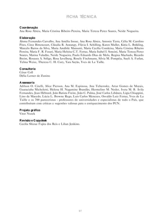 FICHA TÉCNICA

C oordenação
Ana Rosa Abreu, Maria Cristina Ribeiro Pereira, Maria Tereza Perez Soares, Neide Nogueira.

E laboração
Aloma Fernandes Carvalho, Ana Amélia Inoue, Ana Rosa Abreu, Antonia Terra, Célia M. Carolino
Pires, Circe Bittencourt, Cláudia R. Aratangy, Flávia I. Schilling, Karen Muller, Kátia L. Bräkling,
Marcelo Barros da Silva, Maria Amábile Mansutti, Maria Cecília Condeixa, Maria Cristina Ribeiro
Pereira, Maria F. R. Fusari, Maria Heloisa C.T. Ferraz, Maria Isabel I. Soncini, Maria Tereza Perez
Soares, Marina Valadão, Neide Nogueira, Paulo Eduardo Dias de Melo, Regina Machado, Ricardo
Breim, Rosaura A. Soligo, Rosa Iavelberg, Rosely Fischmann, Silvia M. Pompéia, Sueli A. Furlan,
Telma Weisz, Thereza C. H. Cury, Yara Sayão, Yves de La Taille.

C onsultoria
César Coll
Délia Lerner de Zunino

A ssessoria
Adilson O. Citelli, Alice Pierson, Ana M. Espinosa, Ana Teberosky, Artur Gomes de Morais,
Guaraciaba Micheletti, Helena H. Nagamine Brandão, Hermelino M. Neder, Iveta M. B. Ávila
Fernandes, Jean Hébrard, João Batista Freire, João C. Palma, José Carlos Libâneo, Ligia Chiappini,
Lino de Macedo, Lúcia L. Browne Rego, Luis Carlos Menezes, Osvaldo Luiz Ferraz, Yves de La
Taille e os 700 pareceristas - professores de universidades e especialistas de todo o País, que
contribuíram com críticas e sugestões valiosas para o enriquecimento dos PCN.

Projeto gráfico
Vitor Nozek

R evisão e C opydesk
Cecilia Shizue Fujita dos Reis e Lilian Jenkino.




                                               97
 