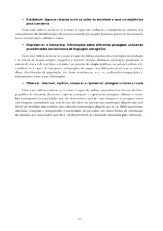 • E stabelecer algumas relações entre as ações da sociedade e suas conseqüências
        para o ambiente

       Com este critério avalia-se se o aluno é capaz de conhecer e compreender algumas das
conseqüências das transformações da natureza causadas pelas ações humanas, presentes na paisagem
local e em paisagens urbanas e rurais.

      • R epresentar e interpretar informações sobre diferentes paisagens utilizando
        procedimentos convencionais da linguagem cartográfica

      Com este critério avalia-se se o aluno é capaz de utilizar algumas das convenções na produção
e na leitura de mapas simples, maquetes e roteiros: direção, distância, orientação, proporção, o
sistema de cores e de legendas, a divisão e o contorno dos mapas políticos, os pontos cardeais, etc.
Também, se é capaz de interpretar informações de mapas com diferentes temáticas — relevo,
clima, distribuição da população, dos bens econômicos, etc. —, realizando comparações e
sobreposições entre essas informações.

      • Observar, descrever, explicar, comparar e representar paisagens urbanas e rurais

      Com este critério avalia-se se o aluno é capaz de utilizar procedimentos básicos do fazer
geográfico de observar, descrever, explicar, comparar e representar paisagens urbanas e rurais.
Isso corresponde às capacidades que ele desenvolveu para ler uma imagem e a paisagem como
uma imagem, entendendo que essa leitura não deve ser apenas uma reprodução daquilo que está
visível de imediato, mas também uma primeira interpretação daquilo que se vê. Saber questionar,
relacionar, comparar e compreender a necessidade de pesquisar em outras fontes de informação
são algumas das capacidades que deve ter desenvolvido, já possuindo autonomia para realizá-las.




                                                100
 