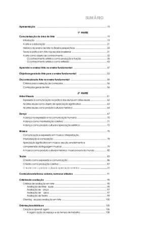 SUMÁRIO

Apresentação i ........................................................................................................... 15

                                                                                     1ª PARTE
Caracterização da área de Arte i ............................................................................. 19
     Introdução ............................................................................................................. 19
     A arte e a educação ............................................................................................. 21
     Histórico do ensino de Arte no Brasil e perspectivas ................................................ 24
     Teoria e prática em Arte nas escolas brasileiras ...................................................... 31
     A arte como objeto de conhecimento .................................................................. 32
         O conhecimento artístico como produção e fruição ....................................... 35
         O conhecimento artístico como reflexão ......................................................... 43

Aprender e ensina r Arte no ensino funda menta l i................................................... 47

Objetivos gerais de Arte para o ensino fundamental i ........................................... 53

Os conteúdos de Arte no ensino fundamental i ....................................................... 55
     Critérios para a seleção de conteúdos ................................................................... 56
     Conteúdos gerais de Arte ....................................................................................... 56

                                                                                 2ª PARTE
Artes Visua is i ............................................................................................................ 61
     Expressão e comunicação na prática dos alunos em artes visuais ......................... 62
     As artes visuais como objeto de apreciação significativa ....................................... 63
     As artes visuais como produto cultural e histórico .................................................... 64

Dança i ........................................................................................................................ 67
     A dança na expressão e na comunicação humana .............................................. 70
     A dança como manifestação coletiva ................................................................... 71
     A dança como produto cultural e apreciação estética ......................................... 72

Música i ....................................................................................................................... 75
     Comunicação e expressão em música: interpretação,
     improvisação e composição .................................................................................. 78
     Apreciação significativa em música: escuta, envolvimento e
     compreensão da linguagem musical ..................................................................... 79
     A música como produto cultural e histórico: música e sons do mundo .................. 80

Teatro i ......................................................................................................................... 83
     O teatro como expressão e comunicação ............................................................ 86
     O teatro como produção coletiva ......................................................................... 87
     O t r com o pr
       eato       odut cul al apr ação est i .....................
                     o t eur    eci      étca .................... 88

Conteúdos relativos a valores, normas e atitude s i .................................................. 91

Critérios de avaliação i .............................................................................................. 95
     Critérios de avaliação em Arte ............................................................................... 95
         Avaliação de Artes Visuais ................................................................................. 95
         Avaliação de Dança ........................................................................................ 97
         Avaliação de Música ........................................................................................ 97
         Avaliação de Teatro ......................................................................................... 99
     Orientações para avaliação em Arte ................................................................... 100

Orientações didáticas i ............................................................................................. 105
     Criação e aprendizagem ..................................................................................... 106
         A organização do espaço e do tempo de trabalho ...................................... 108
 