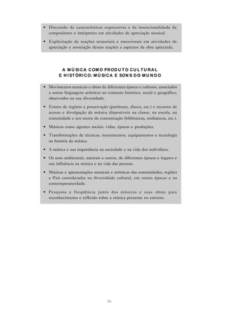 • Discussão de características expressivas e da intencionalidade de
  compositores e intérpretes em atividades de apreciação musical.

• Explicitação de reações sensoriais e emocionais em atividades de
  apreciação e associação dessas reações a aspectos da obra apreciada.




         A M Ú SI C A C OM O PR OD U T O C U L T U R A L
        E H I ST ÓR I C O: M Ú SI C A E SON S D O M U N D O

• Movimentos musicais e obras de diferentes épocas e culturas, associados
  a outras linguagens artísticas no contexto histórico, social e geográfico,
  observados na sua diversidade.

• Fontes de registro e preservação (partituras, discos, etc.) e recursos de
  acesso e divulgação da música disponíveis na classe, na escola, na
  comunidade e nos meios de comunicação (bibliotecas, midiatecas, etc.).

• Músicos como agentes sociais: vidas, épocas e produções.

• Transformações de técnicas, instrumentos, equipamentos e tecnologia
  na história da música.

• A música e sua importância na sociedade e na vida dos indivíduos.

• Os sons ambientais, naturais e outros, de diferentes épocas e lugares e
  sua influência na música e na vida das pessoas.

• Músicas e apresentações musicais e artísticas das comunidades, regiões
  e País consideradas na diversidade cultural, em outras épocas e na
  contemporaneidade.

• Pesquisa e freqüência junto dos músicos e suas obras para
  reconhecimento e reflexão sobre a música presente no entorno.




                                    56
 
