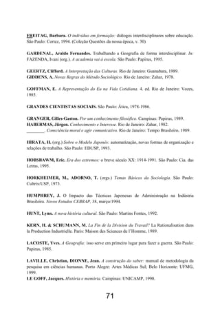 71
FREITAG, Barbara. O indivíduo em formação: diálogos interdisciplinares sobre educação.
São Paulo: Cortez, 1994. (Coleção Questões da nossa época, v. 30)
GARDENAL, Araldo Fernandes. Trabalhando a Geografia de forma interdisciplinar. In:
FAZENDA, Ivani (org.). A academia vai à escola. São Paulo: Papirus, 1995.
GEERTZ, Clifford. A Interpretação das Culturas. Rio de Janeiro: Guanabara, 1989.
GIDDENS, A. Novas Regras do Método Sociológico. Rio de Janeiro: Zahar, 1978.
GOFFMAN, E. A Representação do Eu na Vida Cotidiana. 4. ed. Rio de Janeiro: Vozes,
1985.
GRANDES CIENTISTAS SOCIAIS. São Paulo: Ática, 1978-1986.
GRANGER, Gilles-Gaston. Por um conhecimento filosófico. Campinas: Papirus, 1989.
HABERMAS, Jürgen. Conhecimento e Interesse. Rio de Janeiro: Zahar, 1982.
________. Consciência moral e agir comunicativo. Rio de Janeiro: Tempo Brasileiro, 1989.
HIRATA, H. (org.) Sobre o Modelo Japonês: automatização, novas formas de organização e
relações de trabalho. São Paulo: EDUSP, 1993.
HOBSBAWM, Eric. Era dos extremos: o breve século XX: 1914-1991. São Paulo: Cia. das
Letras, 1995.
HORKHEIMER, M., ADORNO, T. (orgs.) Temas Básicos da Sociologia. São Paulo:
Cultrix/USP, 1973.
HUMPHREY, J. O Impacto das Técnicas Japonesas de Administração na Indústria
Brasileira. Novos Estudos CEBRAP, 38, março/1994.
HUNT, Lynn. A nova história cultural. São Paulo: Martins Fontes, 1992.
KERN, H. & SCHUMANN, M. La Fin de la Division du Travail? La Rationalisation dans
la Production Industrielle. Paris: Maison des Sciences de l’Homme, 1989.
LACOSTE, Yves. A Geografia: isso serve em primeiro lugar para fazer a guerra. São Paulo:
Papirus, 1985.
LAVILLE, Christian, DIONNE, Jean. A construção do saber: manual de metodologia da
pesquisa em ciências humanas. Porto Alegre: Artes Médicas Sul; Belo Horizonte: UFMG,
1999.
LE GOFF, Jacques. História e memória. Campinas: UNICAMP, 1990.
 