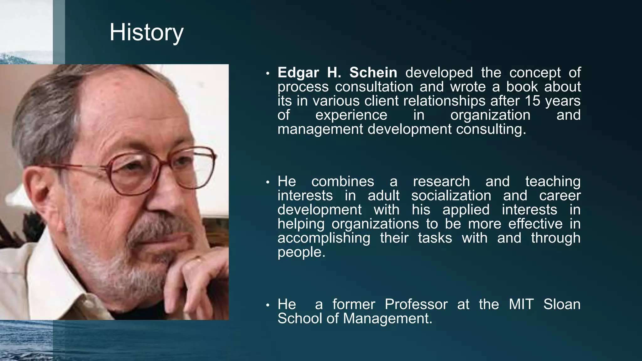 History
• Edgar H. Schein developed the concept of
process consultation and wrote a book about
its in various client relationships after 15 years
of experience in organization and
management development consulting.
• He combines a research and teaching
interests in adult socialization and career
development with his applied interests in
helping organizations to be more effective in
accomplishing their tasks with and through
people.
• He a former Professor at the MIT Sloan
School of Management.
 