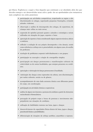 54
por blocos. Explicita-se a seguir a lista daqueles que continuam a ser abordados além dos que
deverão começar a ser desenvolvidos nesse ciclo e pode- rão ser aprofundados e/ou tornarem-se
mais complexos nos ciclos posteriores:
• participação em atividades competitivas, respeitando as regras e não
discriminando os colegas, suportando pequenas frustrações, evitando
atitudes violentas;
• observação e análise do desempenho dos colegas, de esportistas, de
crianças mais velhas ou mais novas;
• expressão de opiniões pessoais quanto a atitudes e estratégias a serem
utilizadas em situações de jogos, esportes e lutas;
• apreciação de esportes e lutas considerando alguns aspectos técnicos, táticos
e estéticos;
• reflexão e avaliação de seu próprio desempenho e dos demais, tendo
como referência o esforço em si, prescindindo, em alguns casos, do auxílio
do professor;
• resolução de problemas corporais individualmente e em grupos;
• participação na execução e criação de coreografias simples;
• participação em danças pertencentes a manifestações culturais da
coletividade ou de outras localidades, que estejam presentes no cotidi-
ano;
• apreciação e valorização de danças pertencentes à localidade;
• valorização das danças como expressões da cultura, sem discriminações
por razões culturais, sociais ou de gênero;
• acompanhamento de uma dada estrutura rítmica com diferentes partes
do corpo, em coordenação;
• participação em atividades rítmicas e expressivas;
• análise de alguns movimentos e posturas do cotidiano a partir de elementos
socioculturais e biomecânicos;
• percepção do próprio corpo e busca de posturas e movimentos não-
prejudiciais nas situações do cotidiano;
• utilização de habilidades motoras nas lutas, jogos e danças;
• desenvolvimento de capacidades físicas dentro de lutas, jogos e danças,
percebendolimitesepossibilidades;
• diferenciação de situações de esforço aeróbico, anaeróbico e repouso;
 