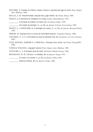 66
MAUDIRE, P. Exilados da infância: relações criativas e expressão pelo jogo na escola. Porto Alegre:
Artes Médicas, 1988.
MELLO, A. M. Psicomotricidade, educação física, jogos infantis. São Paulo: Ibrasa, 1989.
PIAGET, J. O nascimento da inteligência na criança. Lisboa: Dom Quixote, 1977.
__________. A formação do símbolo na criança. Rio de Janeiro: Zahar, 1978.
__________. Seis estudos de psicologia. 16. ed. Rio de Janeiro: Forense Universitária, 1989.
PIAGET, J. e INHELDER, B. A psicologia da criança. 11. ed. Rio de Janeiro: Bertrand Brasil,
1990.
SÉRGIO, M. Educação física ou ciência da motricidade humana? Campinas: Papirus, 1989.
TAFFAREL, C. N. Z. Criatividade nas aulas de educação física. Rio de Janeiro: Ao Livro Técnico,
1985.
TANI, MANOEL, KOKOBUN e PROENÇA. Educação física escolar. São Paulo: Edusp/EPU,
1988.
VAYER & TOLOUSE, Linguagem corporal. Porto Alegre: Artes Médicas, 1985.
VYGOTSKY, L. S. A formação social da mente. São Paulo: Martins Fontes, 1985.
WINNICOTT, D. W. O brincar e a realidade. Rio de Janeiro: Imago, 1975.
__________. A criança e seu mundo. 6. ed. Rio de Janeiro: Zahar, 1982.
__________. Natureza humana. Rio de Janeiro: Imago, 1988.
 