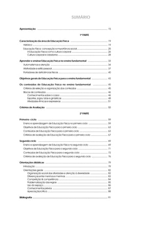 SUMÁRIO
Apresentação i .......................................................................................................... 15
1ª PARTE
Caracterização da área de Educação Física i........................................................ 19
Histórico ................................................................................................................. 19
Educação Física: concepção e importância social .............................................. 25
A Educação Física como cultura corporal ...................................................... 26
Cultura corporal e cidadania ........................................................................... 28
Aprender e ensinar Educação Física no ensino fundamental i .............................. 33
Automatismos e atenção ...................................................................................... 34
Afetividade e estilo pessoal .................................................................................... 37
Portadores de deficiências físicas .......................................................................... 40
Objetivos gerais de Educação Física para o ensino fundamental i ........................ 43
Os conteúdos de Educação Física no ensino fundamental i ...................... 45
Critérios de seleção e organização dos conteúdos .............................................. 45
Blocos de conteúdos ............................................................................................. 46
Conhecimentos sobre o corpo ........................................................................ 46
Esportes, jogos, lutas e ginásticas ..................................................................... 48
Atividades rítmicas e expressivas ...................................................................... 51
Critérios de Avaliação i ............................................................................................. 55
2ª PARTE
Primeiro ciclo i......................................................................................................... 59
Ensino e aprendizagem de Educação Física no primeiro ciclo ............................. 59
Objetivos de Educação Física para o primeiro ciclo ............................................. 63
Conteúdos de Educação Física para o primeiro ciclo .......................................... 63
Critérios de avaliação de Educação Física para o primeiro ciclo ......................... 67
Segundo ciclo i ......................................................................................................... 69
Ensino e aprendizagem de Educação Física no segundo ciclo ............................ 69
Objetivos de Educação Física para o segundo ciclo ............................................ 71
Conteúdos de Educação Física para o segundo ciclo ......................................... 72
Critérios de avaliação de Educação Física para o segundo ciclo ........................ 76
Orientações didáticas i .............................................................................................. 79
Introdução ............................................................................................................. 79
Orientações gerais ................................................................................................ 82
Organização social das atividades e atenção à diversidade .......................... 82
Diferenças entre meninos e meninas ............................................................... 83
Competição & competência .......................................................................... 84
Problematização das regras ............................................................................ 85
Uso do espaço................................................................................................. 86
Conhecimentos prévios ................................................................................... 87
Apreciação/crítica ........................................................................................... 88
Bibliografia ................................................................................................................. 91
 