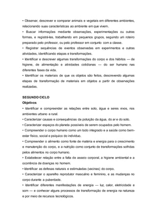 • Observar, descrever e comparar animais e vegetais em diferentes ambientes,
relacionando suas características ao ambiente em que vivem.
• Buscar informações mediante observações, experimentações ou outras
formas, e registrá-las, trabalhando em pequenos grupos, seguindo um roteiro
preparado pelo professor, ou pelo professor em conjunto com a classe.
• Registrar sequências de eventos observadas em experimentos e outras
atividades, identificando etapas e transformações.
• Identificar e descrever algumas transformações do corpo e dos hábitos — de
higiene, de alimentação e atividades cotidianas — do ser humano nas
diferentes fases da vida.
• Identificar os materiais de que os objetos são feitos, descrevendo algumas
etapas de transformação de materiais em objetos a partir de observações
realizadas.
SEGUNDO CICLO
Objetivos
• Identificar e compreender as relações entre solo, água e seres vivos, nos
ambientes urbano e rural.
• Caracterizar causas e consequências da poluição da água, do ar e do solo.
• Caracterizar espaços do planeta possíveis de serem ocupados pelo homem.
• Compreender o corpo humano como um todo integrado e a saúde como bem-
estar físico, social e psíquico do indivíduo.
• Compreender o alimento como fonte de matéria e energia para o crescimento
e manutenção do corpo, e a nutrição como conjunto de transformações sofridas
pelos alimentos no corpo humano.
• Estabelecer relação entre a falta de asseio corporal, a higiene ambiental e a
ocorrência de doenças no homem.
• Identificar as defesas naturais e estimuladas (vacinas) do corpo.
• Caracterizar o aparelho reprodutor masculino e feminino, e as mudanças no
corpo durante a puberdade.
• Identificar diferentes manifestações de energia — luz, calor, eletricidade e
som — e conhecer alguns processos de transformação de energia na natureza
e por meio de recursos tecnológicos.
 