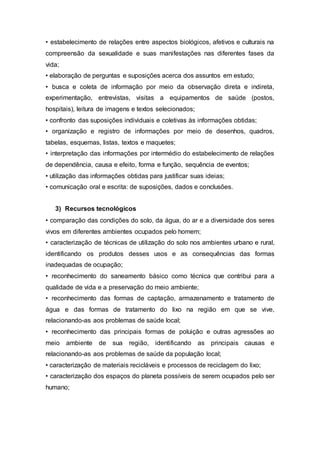 • estabelecimento de relações entre aspectos biológicos, afetivos e culturais na
compreensão da sexualidade e suas manifestações nas diferentes fases da
vida;
• elaboração de perguntas e suposições acerca dos assuntos em estudo;
• busca e coleta de informação por meio da observação direta e indireta,
experimentação, entrevistas, visitas a equipamentos de saúde (postos,
hospitais), leitura de imagens e textos selecionados;
• confronto das suposições individuais e coletivas às informações obtidas;
• organização e registro de informações por meio de desenhos, quadros,
tabelas, esquemas, listas, textos e maquetes;
• interpretação das informações por intermédio do estabelecimento de relações
de dependência, causa e efeito, forma e função, sequência de eventos;
• utilização das informações obtidas para justificar suas ideias;
• comunicação oral e escrita: de suposições, dados e conclusões.
3) Recursos tecnológicos
• comparação das condições do solo, da água, do ar e a diversidade dos seres
vivos em diferentes ambientes ocupados pelo homem;
• caracterização de técnicas de utilização do solo nos ambientes urbano e rural,
identificando os produtos desses usos e as consequências das formas
inadequadas de ocupação;
• reconhecimento do saneamento básico como técnica que contribui para a
qualidade de vida e a preservação do meio ambiente;
• reconhecimento das formas de captação, armazenamento e tratamento de
água e das formas de tratamento do lixo na região em que se vive,
relacionando-as aos problemas de saúde local;
• reconhecimento das principais formas de poluição e outras agressões ao
meio ambiente de sua região, identificando as principais causas e
relacionando-as aos problemas de saúde da população local;
• caracterização de materiais recicláveis e processos de reciclagem do lixo;
• caracterização dos espaços do planeta possíveis de serem ocupados pelo ser
humano;
 