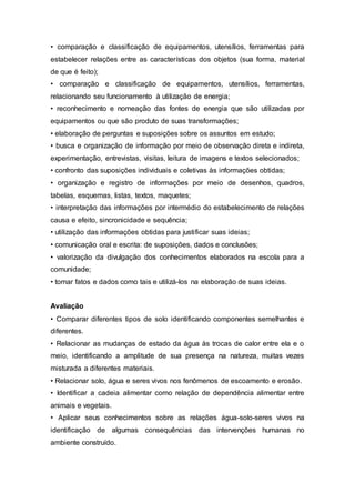 • comparação e classificação de equipamentos, utensílios, ferramentas para
estabelecer relações entre as características dos objetos (sua forma, material
de que é feito);
• comparação e classificação de equipamentos, utensílios, ferramentas,
relacionando seu funcionamento à utilização de energia;
• reconhecimento e nomeação das fontes de energia que são utilizadas por
equipamentos ou que são produto de suas transformações;
• elaboração de perguntas e suposições sobre os assuntos em estudo;
• busca e organização de informação por meio de observação direta e indireta,
experimentação, entrevistas, visitas, leitura de imagens e textos selecionados;
• confronto das suposições individuais e coletivas às informações obtidas;
• organização e registro de informações por meio de desenhos, quadros,
tabelas, esquemas, listas, textos, maquetes;
• interpretação das informações por intermédio do estabelecimento de relações
causa e efeito, sincronicidade e sequência;
• utilização das informações obtidas para justificar suas ideias;
• comunicação oral e escrita: de suposições, dados e conclusões;
• valorização da divulgação dos conhecimentos elaborados na escola para a
comunidade;
• tomar fatos e dados como tais e utilizá-los na elaboração de suas ideias.
Avaliação
• Comparar diferentes tipos de solo identificando componentes semelhantes e
diferentes.
• Relacionar as mudanças de estado da água às trocas de calor entre ela e o
meio, identificando a amplitude de sua presença na natureza, muitas vezes
misturada a diferentes materiais.
• Relacionar solo, água e seres vivos nos fenômenos de escoamento e erosão.
• Identificar a cadeia alimentar como relação de dependência alimentar entre
animais e vegetais.
• Aplicar seus conhecimentos sobre as relações água-solo-seres vivos na
identificação de algumas consequências das intervenções humanas no
ambiente construído.
 