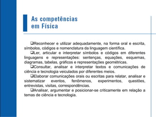 Reconhecer e utilizar adequadamente, na forma oral e escrita, símbolos, códigos e nomenclatura da linguagem científica. Ler, articular e interpretar símbolos e códigos em diferentes linguagens e representações: sentenças, equações, esquemas, diagramas, tabelas, gráficos e representações geométricas. Consultar, analisar e interpretar textos e comunicações de ciência e tecnologia veiculados por diferentes meios. Elaborar comunicações orais ou escritas para relatar, analisar e sistematizar eventos, fenômenos, experimentos, questões, entrevistas, visitas, correspondências. Analisar, argumentar e posicionar-se criticamente em relação a temas de ciência e tecnologia. 