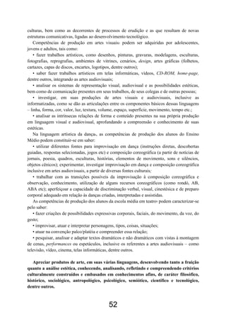 culturas, bem como as decorrentes de processos de erudição e as que resultam de novas
estruturas comunicativas, ligadas ao desenvolvimento tecnológico.
Competências de produção em artes visuais5 podem ser adquiridas por adolescentes,
jovens e adultos, tais como:
• fazer trabalhos artísticos, como desenhos, pinturas, gravuras, modelagens, esculturas,
fotografias, reprografias, ambientes de vitrines, cenários, design, artes gráficas (folhetos,
cartazes, capas de discos, encartes, logotipos, dentre outros);
• saber fazer trabalhos artísticos em telas informáticas, vídeos, CD-ROM, home-page,
dentre outros, integrando as artes audiovisuais;
• analisar os sistemas de representação visual, audiovisual e as possibilidades estéticas,
bem como de comunicação presentes em seus trabalhos, de seus colegas e de outras pessoas;
• investigar, em suas produções de artes visuais e audiovisuais, inclusive as
informatizadas, como se dão as articulações entre os componentes básicos dessas linguagens
– linha, forma, cor, valor, luz, textura, volume, espaço, superfície, movimento, tempo etc.;
• analisar as intrínsecas relações de forma e conteúdo presentes na sua própria produção
em linguagem visual e audiovisual, aprofundando a compreensão e conhecimento de suas
estéticas.
Na linguagem artística da dança6, as competências de produção dos alunos do Ensino
Médio podem constituir-se em saber:
• utilizar diferentes fontes para improvisação em dança (instruções diretas, descobertas
guiadas, respostas selecionadas, jogos etc) e composição coreográfica (a partir de notícias de
jornais, poesia, quadros, esculturas, histórias, elementos de movimento, sons e silêncios,
objetos cênicos); experimentar, investigar improvisação em dança e composição coreográfica
inclusive em artes audiovisuais, a partir de diversas fontes culturais;
• trabalhar com as transições possíveis da improvisação à composição coreográfica e
observação, conhecimento, utilização de alguns recursos coreográficos (como rondó, AB,
ABA etc); aperfeiçoar a capacidade de discriminação verbal, visual, cinestésica e de preparo
corporal adequado em relação às danças criadas, interpretadas e assistidas.
As competências de produção dos alunos da escola média em teatro7 podem caracterizar-se
pelo saber:
• fazer criações de possibilidades expressivas corporais, faciais, do movimento, da voz, do
gesto;
• improvisar, atuar e interpretar personagens, tipos, coisas, situações;
• atuar na convenção palco/platéia e compreender essa relação;
• pesquisar, analisar e adaptar textos dramáticos e não dramáticos com vistas à montagem
de cenas, performances ou espetáculos, inclusive os referentes a artes audiovisuais – como
televisão, vídeo, cinema, telas informáticas, dentre outros.
Apreciar produtos de arte, em suas várias linguagens, desenvolvendo tanto a fruição
quanto a análise estética, conhecendo, analisando, refletindo e compreendendo critérios
culturalmente construídos e embasados em conhecimentos afins, de caráter filosófico,
histórico, sociológico, antropológico, psicológico, semiótico, científico e tecnológico,
dentre outros.
52
 