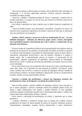 • fruir diversas danças e saber perceber as relações entre as diferentes fontes utilizadas nas
composições e os diversos significados (pessoais, culturais, políticos) articulados e
veiculados nas danças criadas;
• observar e trabalhar a relação/necessidade de “ajuste”, cooperação e respeito entre as
escolhas individuais e as grupais em sala de aula, que ocorrem nos diferentes processos do
fazer e do apreciar dança.
Com relação à apreciação em teatro, espera-se que os alunos tornem-se competentes no
saber:
• observar trabalhos teatrais como participantes espectadores e pesquisar em acervos de
memória outras experiências significativas de artistas e técnicos de teatro que se relacionem
com suas experiências e preocupações.
Analisar, refletir, respeitar e preservar as diversas manifestações da arte – em suas
múltiplas linguagens – utilizadas por diferentes grupos sociais e étnicos, interagindo
com o patrimônio nacional e internacional, que se deve conhecer e compreender em sua
dimensão sócio-histórica.
O terceiro campo de competências define-se pela contextualização sócio-histórica tanto da
produção da arte quanto de seus produtos e da apreciação. Os saberes envolvidos no produzir
e no apreciar estão articulados à necessidade de contextualização a partir de outros saberes e
experiências culturalmente desenvolvidos e que são distintos, variando-se os espaços e
tempos sociais. Daí a contextualização casar-se ao respeito e à preservação de tais
manifestações, enquanto componentes do patrimônio artístico-cultural da humanidade.
Desenvolve-se, assim, o sentido da construção das identidades e do respeito e da convivência
com as alteridades.
Faz-se mister observar que esta competência não se desenvolve à parte, separadamente das
outras duas. Antes, ela se apresenta em cada momento do produzir e do apreciar. Assim
sendo, o produzir deve envolver a criação ou recriação de linguagens artísticas oriundas de
outros contextos culturais e, de forma semelhante, o apreciar deve envolver a compreensão de
exemplos variados, em suas especificidades culturais.
Valorizar o trabalho dos profissionais e técnicos das linguagens artísticas, dos
profissionais da crítica, da divulgação e circulação dos produtos de arte.
Além de saber produzir e apreciar trabalhos de linguagens artísticas, outra expectativa é
que os alunos aprendam a valorizar a produção artística dos múltiplos grupos sociais, em
tempo e espaço diferenciados, com respeito e atenção referentes às suas qualidades
específicas enquanto manifestação, gerando tanto a fruição/apreciação quanto o cuidado com
a preservação destas manifestações artísticas e estéticas.
Assim, quanto à valorização de manifestações em música, é importante que os alunos
aprendam a:
• conhecer, identificar e estabelecer relações entre as funções dos criadores musicais
(compositores de jingles, de música popular, de música de concerto), intérpretes (cantores,
instrumentistas), arranjadores, regentes, técnicos diferenciados e outros profissionais
54
 