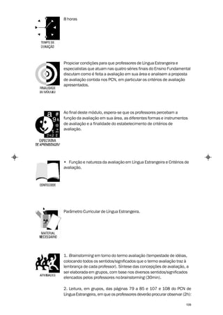 8 horas




Propiciar condições para que professores de Língua Estrangeira e
especialistas que atuam nas quatro séries finais do Ensino Fundamental
discutam como é feita a avaliação em sua área e analisem a proposta
de avaliação contida nos PCN, em particular os critérios de avaliação
apresentados.




Ao final deste módulo, espera-se que os professores percebam a
função da avaliação em sua área, as diferentes formas e instrumentos
de avaliação e a finalidade do estabelecimento de critérios de
avaliação.




• Função e natureza da avaliação em Língua Estrangeira e Critérios de
avaliação.




Parâmetro Curricular de Língua Estrangeira.




1. Brainstorming em torno do termo avaliação (tempestade de idéias,
colocando todos os sentidos/significados que o termo avaliação traz à
lembrança de cada professor). Síntese das concepções de avaliação, a
ser elaborada em grupos, com base nos diversos sentidos/significados
elencados pelos professores no brainstorming (30min).

2. Leitura, em grupos, das páginas 79 a 85 e 107 e 108 do PCN de
Língua Estrangeira, em que os professores deverão procurar observar (2h):

                                                                     109
 