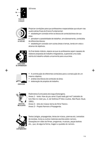 16 horas




Propiciar condições para que professores e especialistas que atuam nas
quatro séries finais do Ensino Fundamental:
• estabeleçam conexão entre os blocos de conteúdo/eixos de sua
área;
• percebam a possibilidade de trabalhar, simultaneamente, conteúdos
de diferentes blocos;
• estabeleçam conexão com outras áreas e temas, tendo em vista o
alcance de objetivos.

Ao final deste módulo, espera-se que os professores sejam capazes de
elaborar propostas de trabalho integradoras, superando uma visão
estrita do trabalho voltado unicamente para a sua área.




• A contribuição de diferentes conteúdos para a consecução de um
mesmo objetivo;
• análise dos blocos de conteúdo da área;
• elaboração de projetos de trabalho.




Parâmetros Curriculares de Língua Estrangeira.
Anexo 1 – texto: How do you send: Cupid really got me? (extraído do
livro Nice to meet you, 2, de Verônica P Totis e outros, São Paulo: Atual,
                                       .
1991).
Anexo 2 – letra de música (tema do filme Titanic).
Anexo 3 – Projeto Namoro e Propaganda.




Textos (artigos, propagandas, letras de música, poemas etc.) extraídos
de revistas, livros ou outros materiais escritos sobre namoro.
Gravações em vídeo de filmes, programas, musicais, peças teatrais
etc., que, de alguma forma, tragam a questão do namoro.




                                                                       115
 