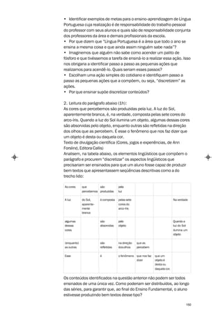 • Identificar exemplos de metas para o ensino-aprendizagem de Língua
Portuguesa cuja realização é de responsabilidade do trabalho pessoal
do professor com seus alunos e quais são de responsabilidade conjunta
dos professores da área e demais profissionais da escola.
• Por que dizem que “Língua Portuguesa é a área que todo o ano se
ensina a mesma coisa e que ainda assim ninguém sabe nada”?
• Imaginemos que alguém não sabe como acender um palito de
fósforo e que tivéssemos a tarefa de ensiná-lo a realizar essa ação. Isso
nos obrigaria a identificar passo a passo as pequenas ações que
realizamos para acendê-lo. Quais seriam esses passos?
• Escolham uma ação simples do cotidiano e identifiquem passo a
passo as pequenas ações que a compõem, ou seja, “discretizem” as
ações.
• Por que ensinar supõe discretizar conteúdos?

2. Leitura do parágrafo abaixo (1h):
As cores que percebemos são produzidas pela luz. A luz do Sol,
aparentemente branca, é, na verdade, composta pelas sete cores do
arco-íris. Quando a luz do Sol ilumina um objeto, algumas dessas cores
são absorvidas pelo objeto, enquanto outras são refletidas na direção
dos olhos que as percebem. É esse o fenômeno que nos faz dizer que
um objeto é desta ou daquela cor.
Texto de divulgação científica (Cores, jogos e experiências, de Ann
Forslind, Editora Callis)
Analisem, na tabela abaixo, os elementos lingüísticos que compõem o
parágrafo e procurem “discretizar” os aspectos lingüísticos que
precisariam ser ensinados para que um aluno fosse capaz de produzir
bem textos que apresentassem seqüências descritivas como a do
trecho lido:

As cores     que        são           pela
             percebemos produzidas    luz

A luz        do Sol,     é composta   pelas sete                              Na verdade
             aparente-                cores do
             mente                    arco-íris
             branca

algumas                  são          pelo                                    Quando a
dessas                   absorvidas   objeto                                  luz do Sol
cores                                                                         ilumina um
                                                                              objeto

(enquanto)               são          na direção   que as
as outras                refletidas   dos olhos    percebem

Esse                     é            o fenômeno que nos faz   que um
                                                 dizer         objeto é
                                                               desta ou
                                                               daquela cor.


Os conteúdos identificados na questão anterior não podem ser todos
ensinados de uma única vez. Como poderiam ser distribuídos, ao longo
das séries, para garantir que, ao final do Ensino Fundamental, o aluno
estivesse produzindo bem textos desse tipo?

                                                                                       150
 
